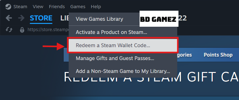 Steam menu showing redeem a wallet code option