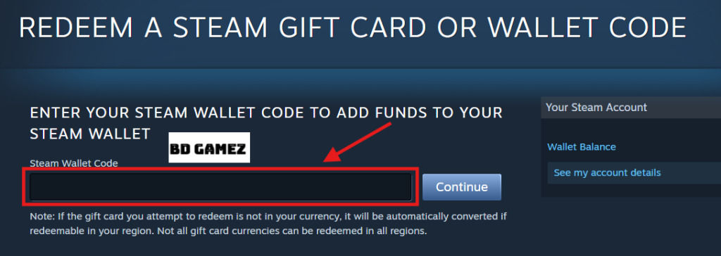 Entering the Steam wallet code in the input field